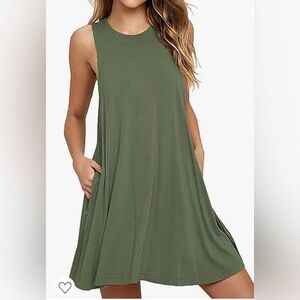Army green sleeveless casual swing T-shirt dress with pockets